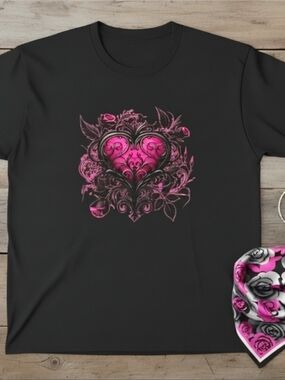 Ornate Pink Heart Graphic Tee | Baroque Vintage Heart Shirt | Girly Pink